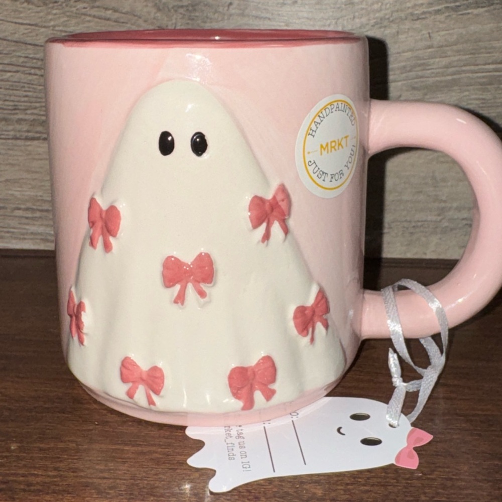 Cute 🥰 Halloween 🎃 Hand-painted Pink Ghost 👻 With Bows  🎀 Mug by Market Finds